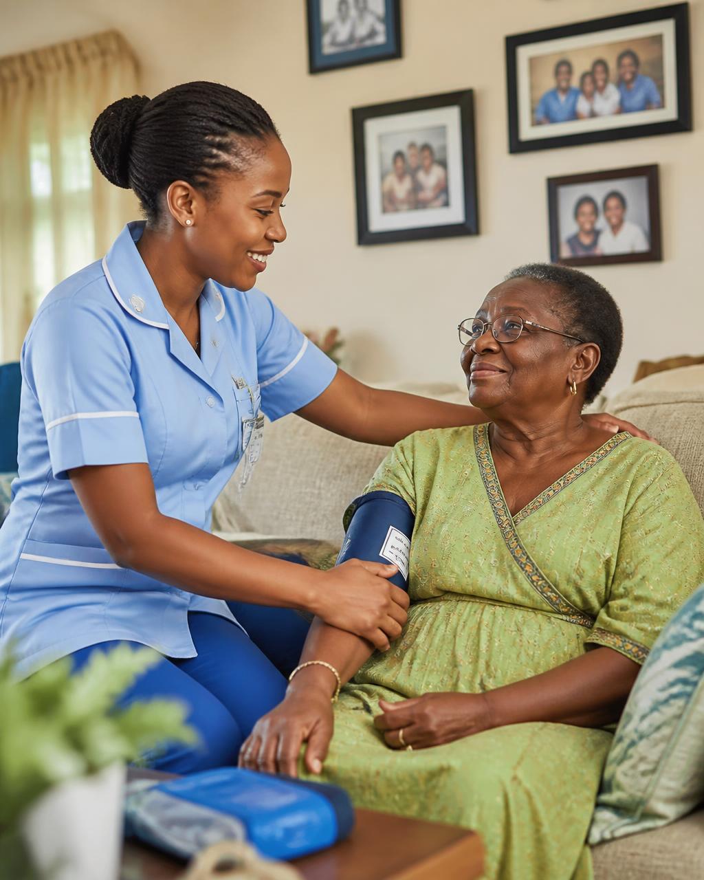 A nurse checking on an older patient in their living room at home in Zimbabwe